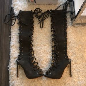 Olive green lace up open toe heel boots